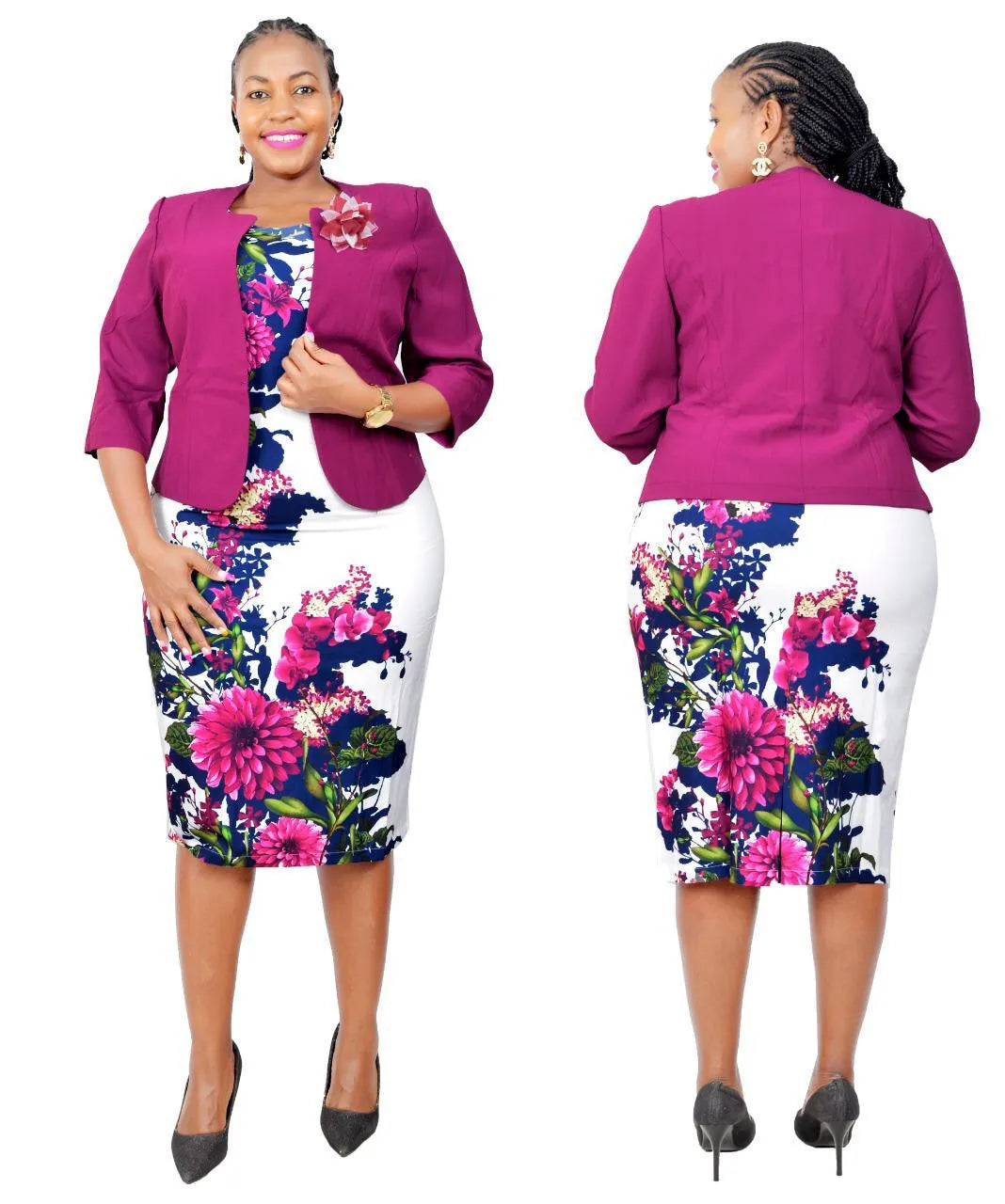 African Clothes Flower Printed Two-Piece Set – Sleeveless Bodycon Mini Dress & Coat Suit for Women