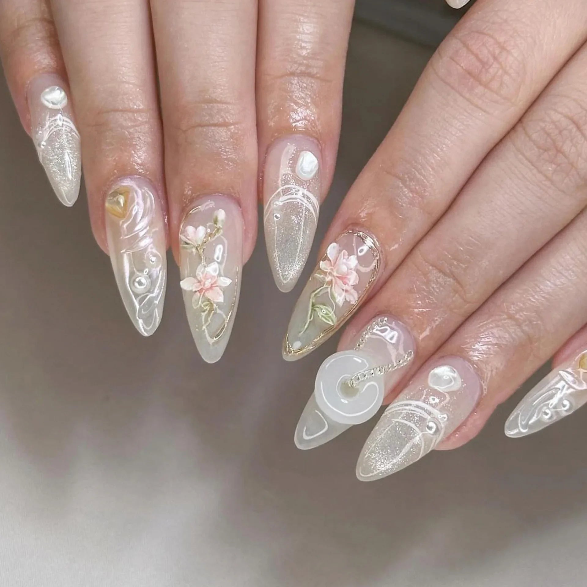 🌿 24pcs Flora Almond Press-On Nails – Mori Girl Ballet-Inspired Beauty