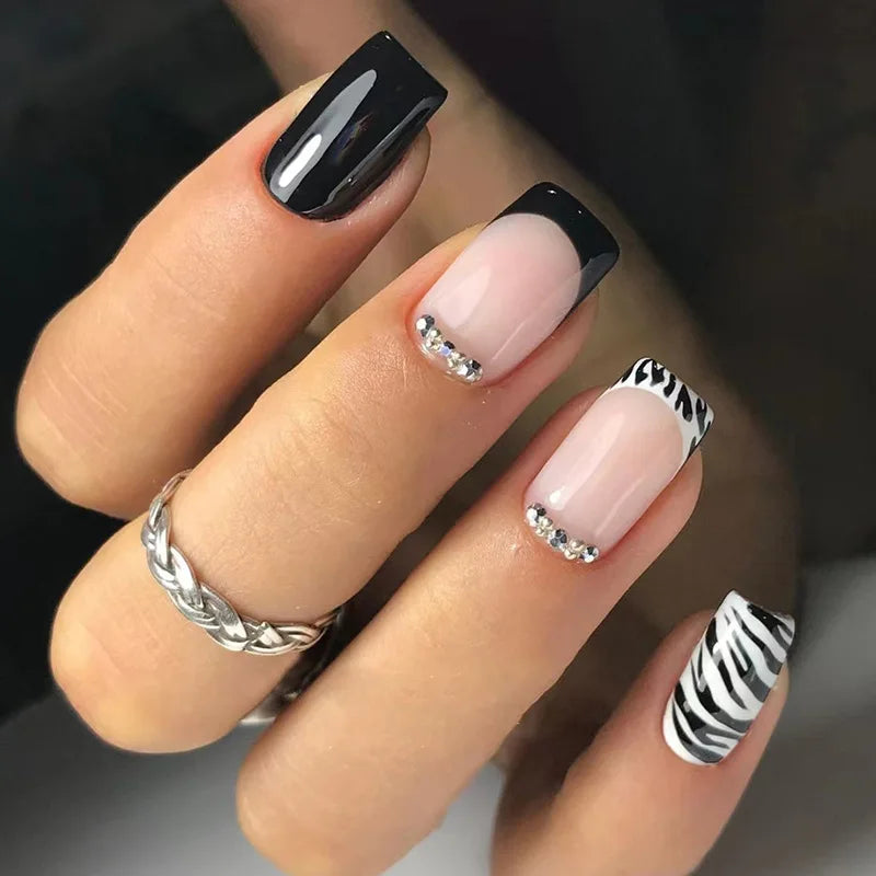 🖤 24pcs Short Almond Press-On Nails – Black Bowknot & White Pearl French Tips