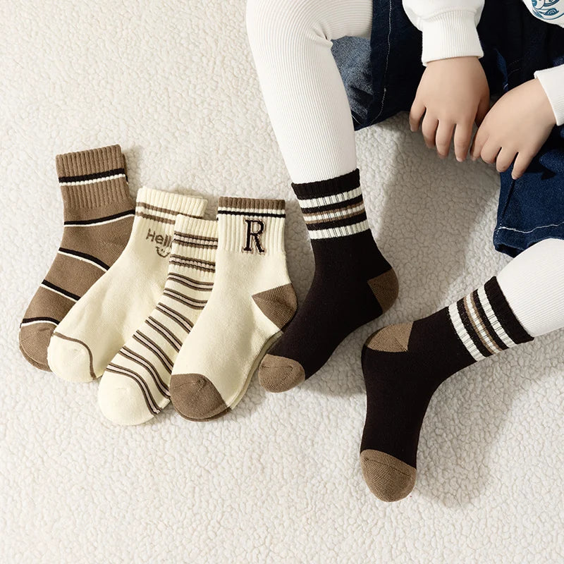 🧦 5-Pack Boys’ Alphabet Striped Mid-Calf Socks