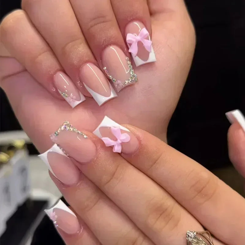 🖤 24pcs Short Almond Press-On Nails – Black Bowknot & White Pearl French Tips