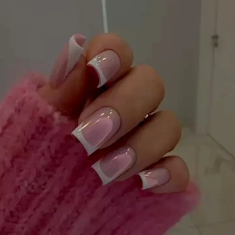 🤍 24pcs Nude White French Press-On Nails – Short Square, Simple & Stylish