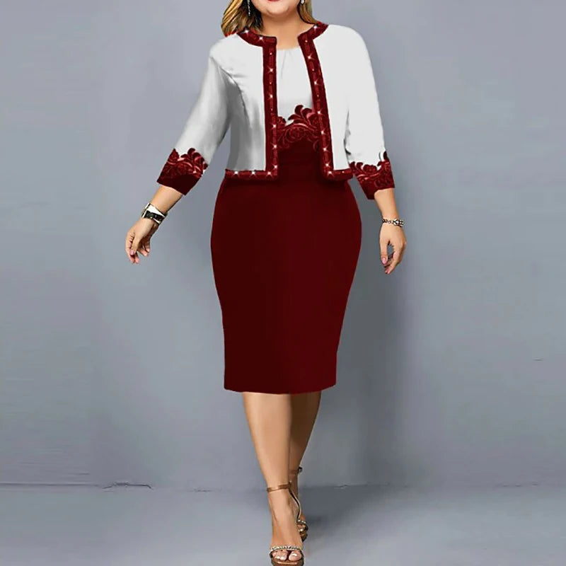 Elegant 2-Piece Dress Set for Women – 3/4 Sleeve Cardigan & Wrapped Hip Dress