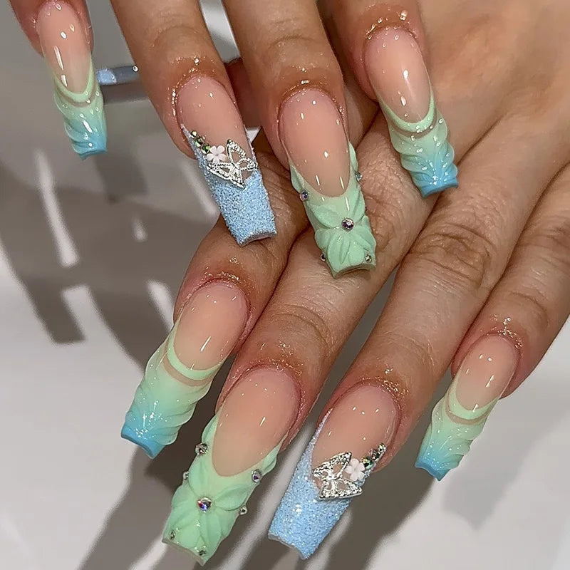 ✨ 24pcs Gold French Border Press-On Nails – Long Coffin Style with Rhinestones