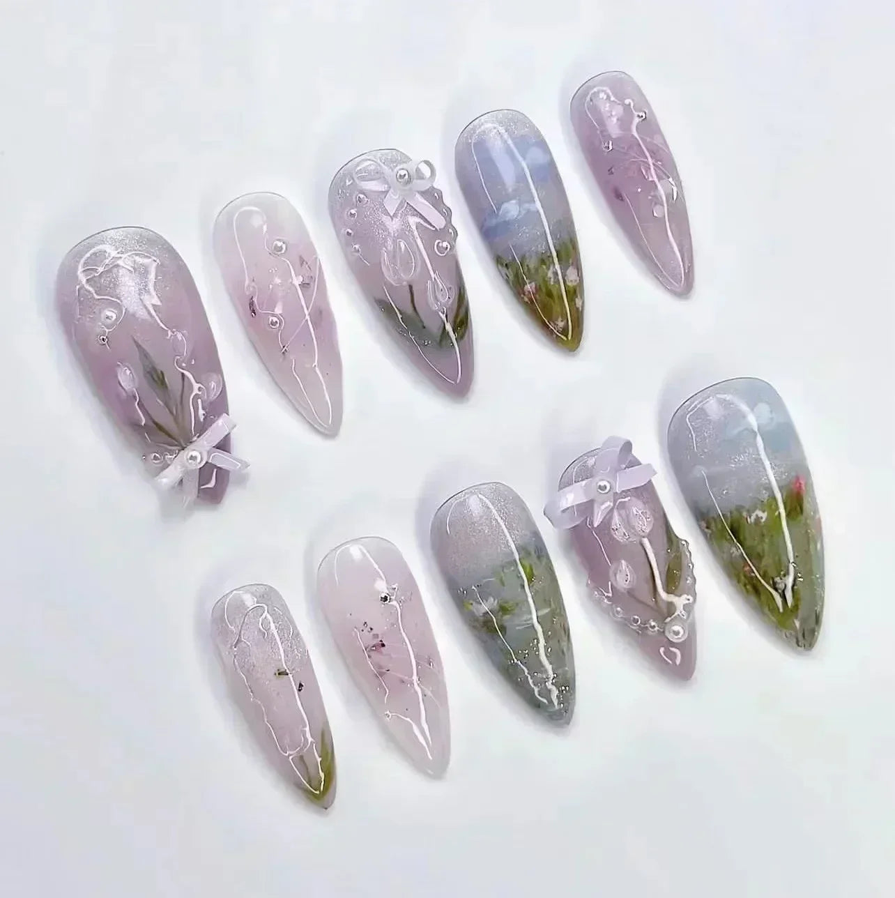 🌸 24pcs Pink Almond Press-On Nails – Sweet Summer Floral with Pearls