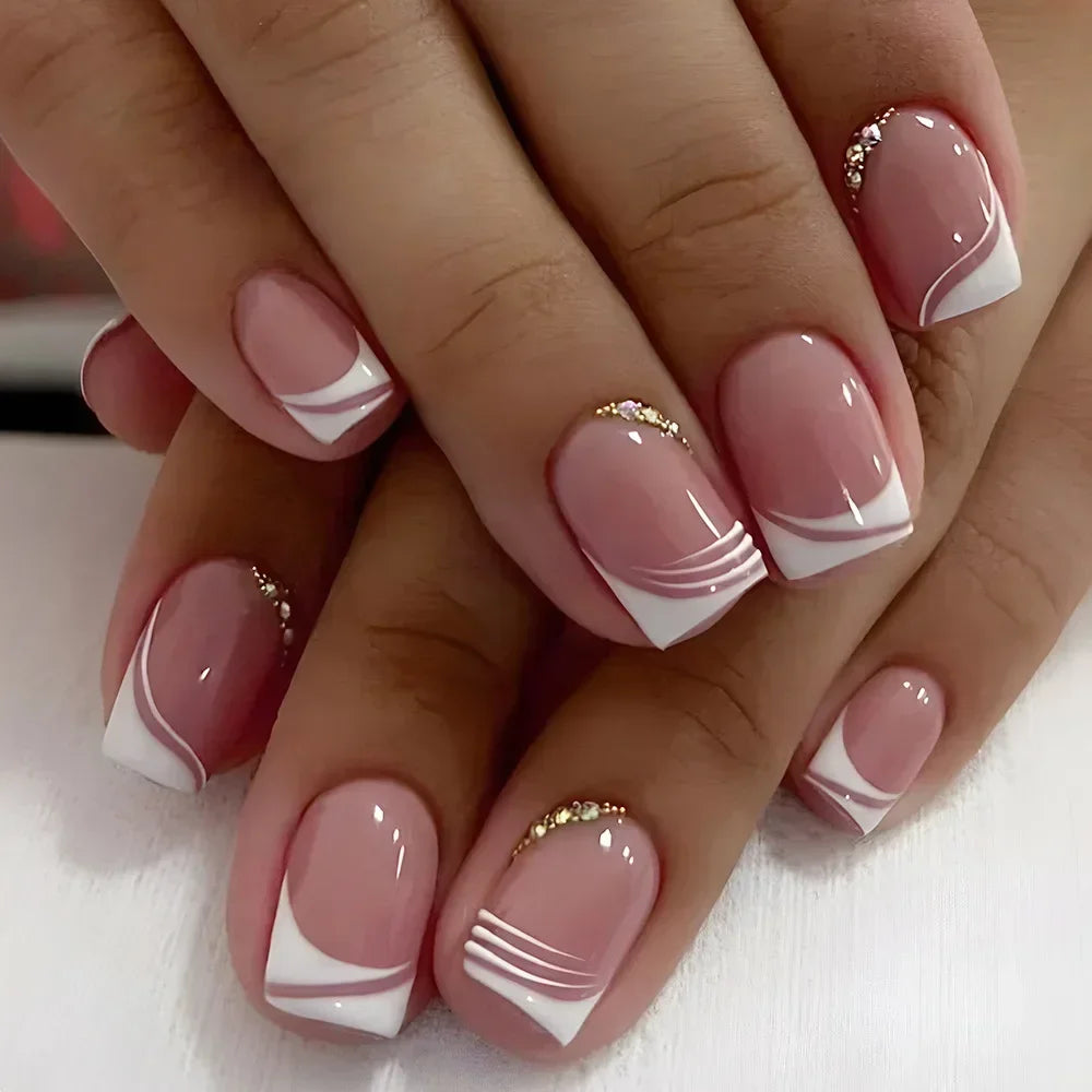 🤍 24pcs Nude White French Press-On Nails – Short Square, Simple & Stylish