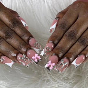🖤 24pcs Short Almond Press-On Nails – Black Bowknot & White Pearl French Tips