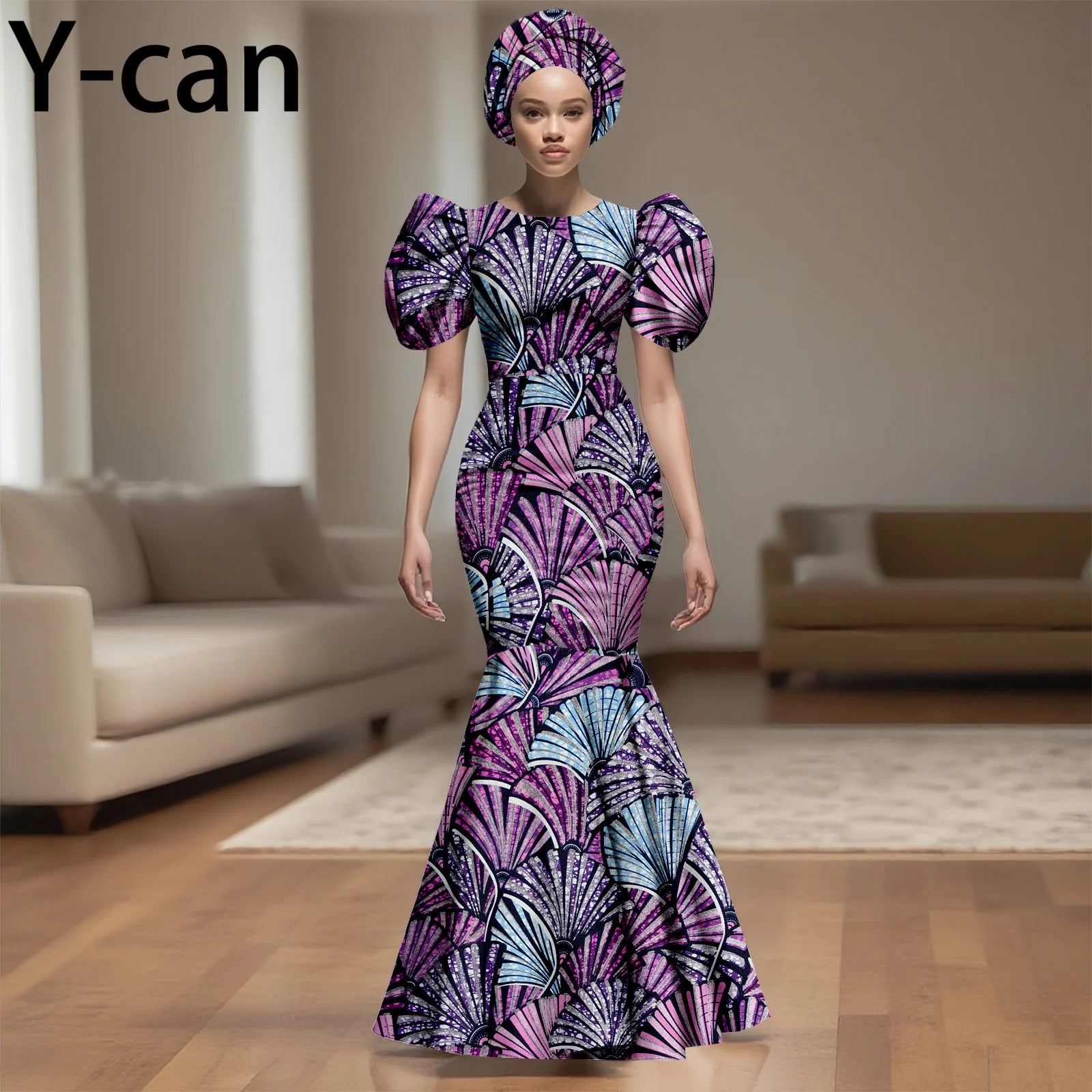 💃 African Party Dress for Women – Puff Sleeve Mermaid Dress with Headwrap (2525142)