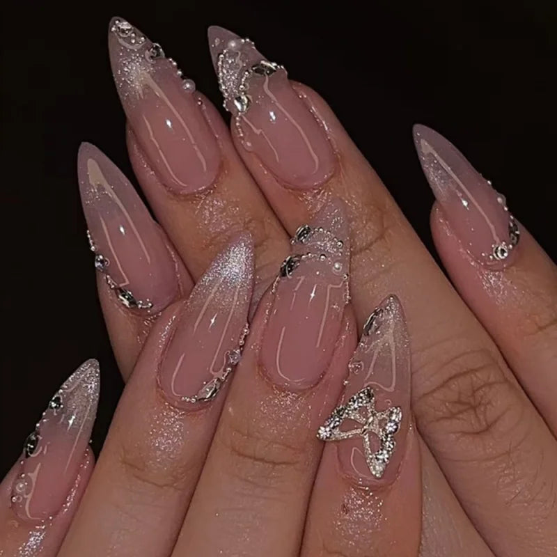 🎀 24pcs French Almond Press-On Nails – Elegant Golden Bow Design