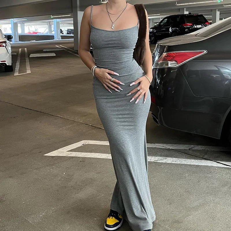 🖤 2024 Y2K Black Spaghetti‑Strap Trumpet Maxi Dress
