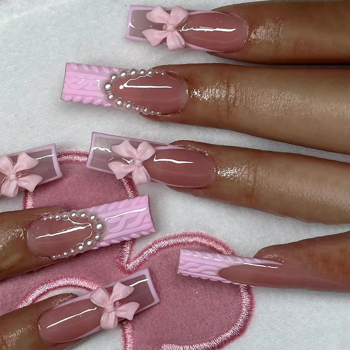 🐻 24pcs Extra Long Square Press-On Nails – 3D Bear & Bow with White French Tips