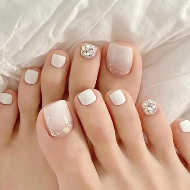 🦋 24pcs Butterfly Design Press-On Toe Nails – Short French Style with Rhinestones