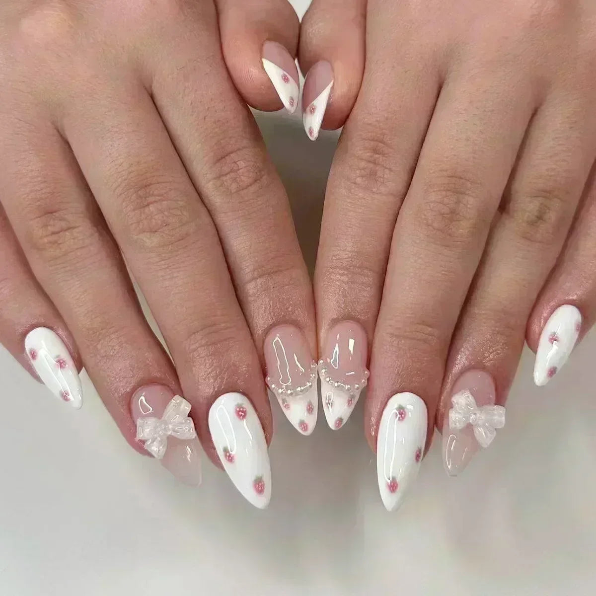 🌸 24pcs Pink Almond Press-On Nails – Sweet Summer Floral with Pearls
