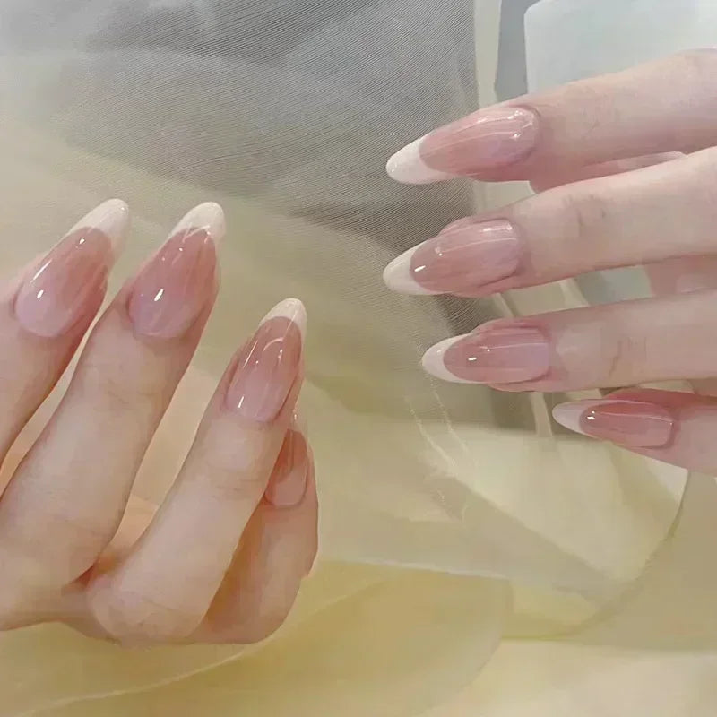 💗 24pcs French Almond Press-On Nails – White Edge with INS Pink Style