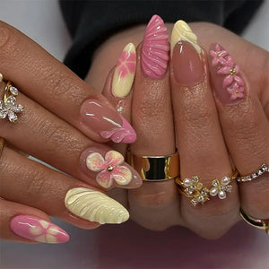 🌞 24PCS Summer Colorful Press-On Nails – Almond Shape with 3D Flowers & Beach Art
