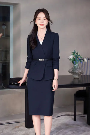 High-Quality Formal Navy Blue Blazer Skirt Suit for Women