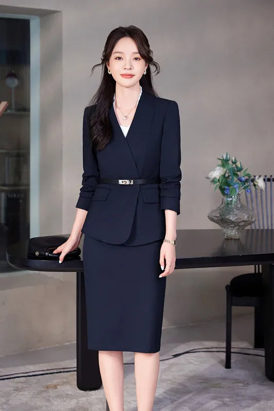 High-Quality Formal Navy Blue Blazer Skirt Suit for Women