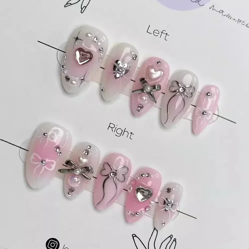 🌸 24pcs Pink Almond Press-On Nails – Sweet Summer Floral with Pearls