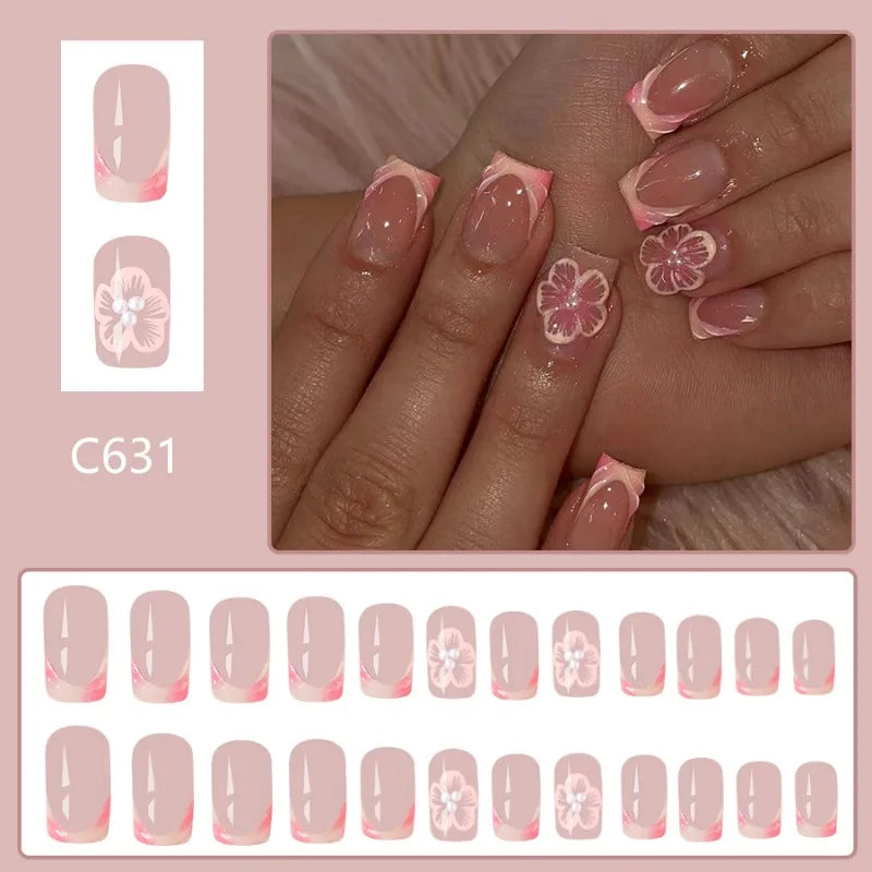 🌸 24pcs Short Square French Press-On Nails – 3D Embossed Flowers