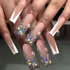 ✨ 24pcs Gold French Border Press-On Nails – Long Coffin Style with Rhinestones