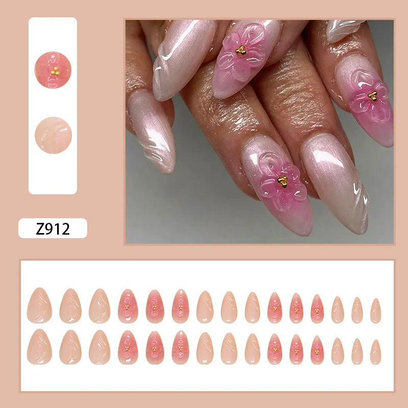 🌼 24pcs White Flower Press-On Nails – INS Yellow & Pink Blush Tones