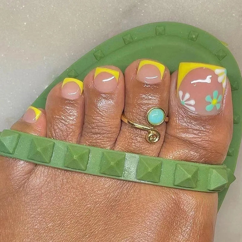 🦋 24pcs Butterfly Design Press-On Toe Nails – Short French Style with Rhinestones