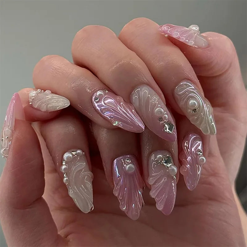 🌸 24pcs Pink Almond Press-On Nails – Sweet Summer Floral with Pearls