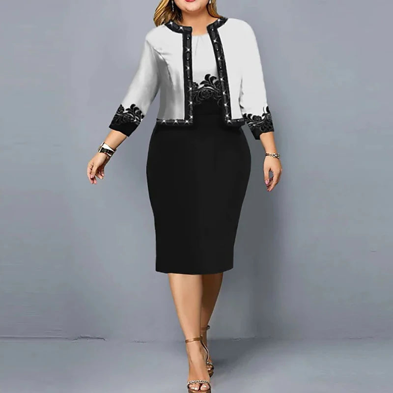 Elegant 2-Piece Dress Set for Women – 3/4 Sleeve Cardigan & Wrapped Hip Dress