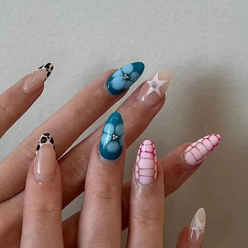 💅 24pcs Blue French Press-On Nails – Short Almond Style with Golden Stars & Wave Lines