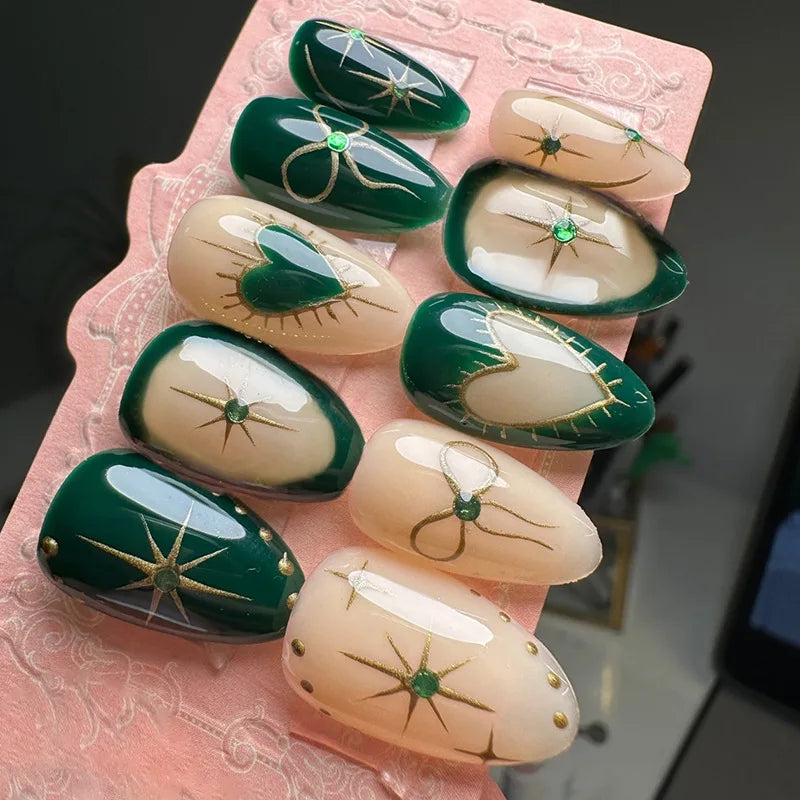 🍃 24pcs 3D Green Ripple Cat’s Eye Press-On Nails – French Almond Style with Leaf Design