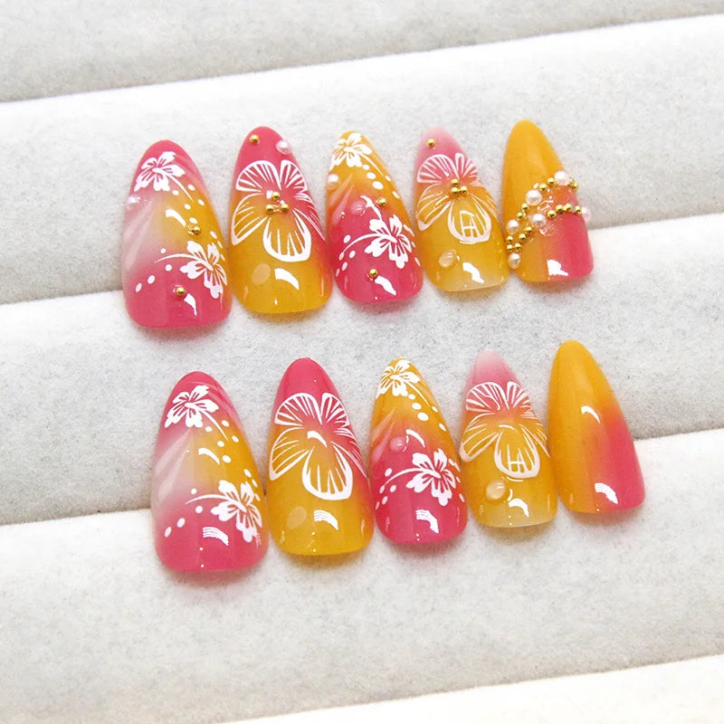 🌼 24pcs White Flower Press-On Nails – INS Yellow & Pink Blush Tones