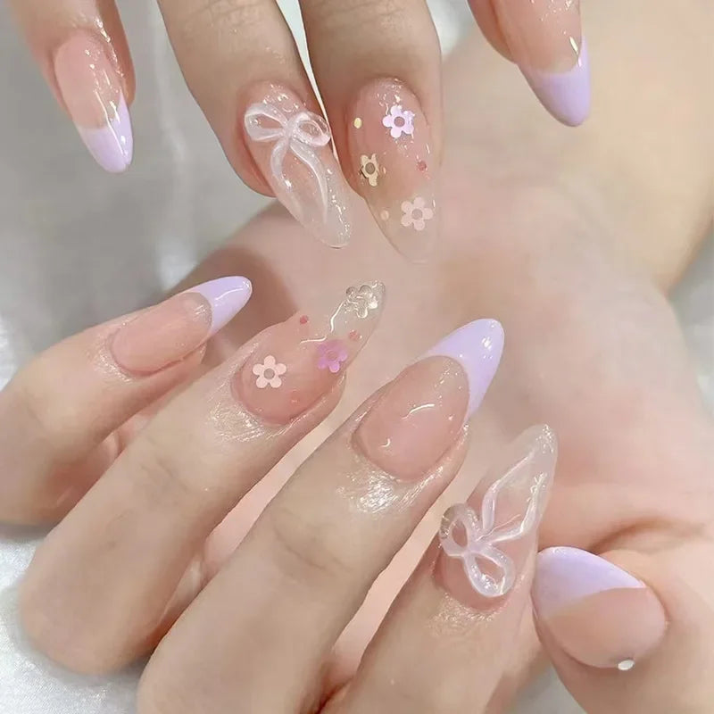 🌿 24pcs Flora Almond Press-On Nails – Mori Girl Ballet-Inspired Beauty