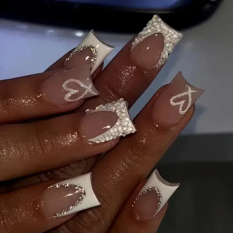 🖤 24pcs Short Almond Press-On Nails – Black Bowknot & White Pearl French Tips