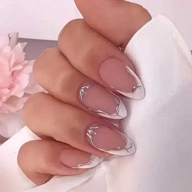 💗 24pcs French Almond Press-On Nails – White Edge with INS Pink Style