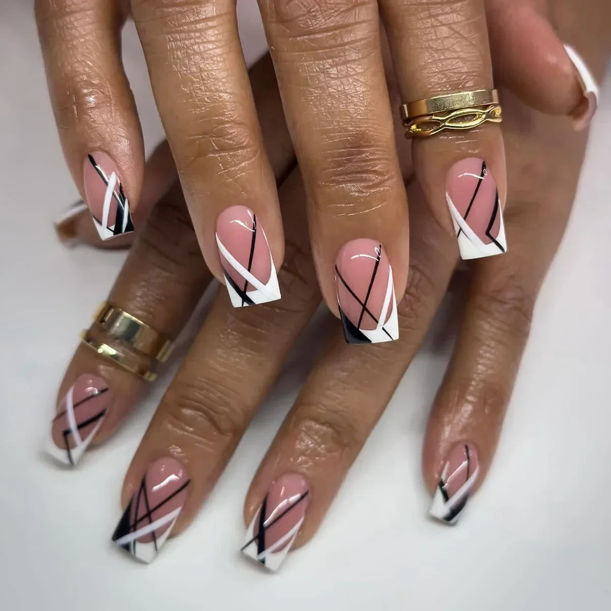 🖤 24pcs Short Almond Press-On Nails – Black Bowknot & White Pearl French Tips