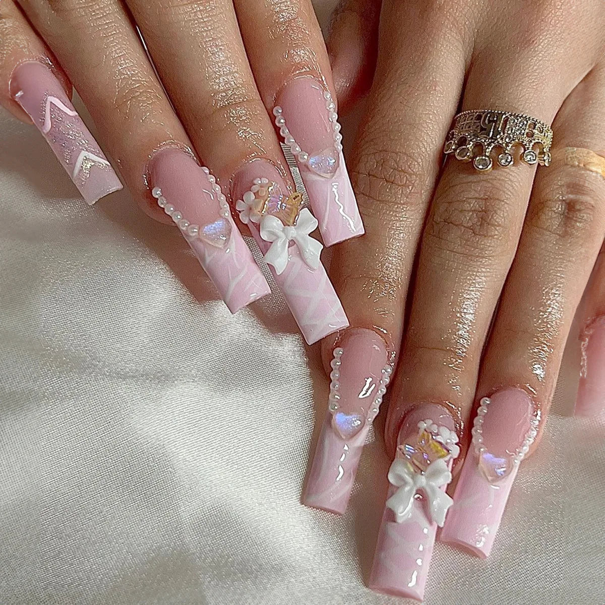 🐻 24pcs Extra Long Square Press-On Nails – 3D Bear & Bow with White French Tips
