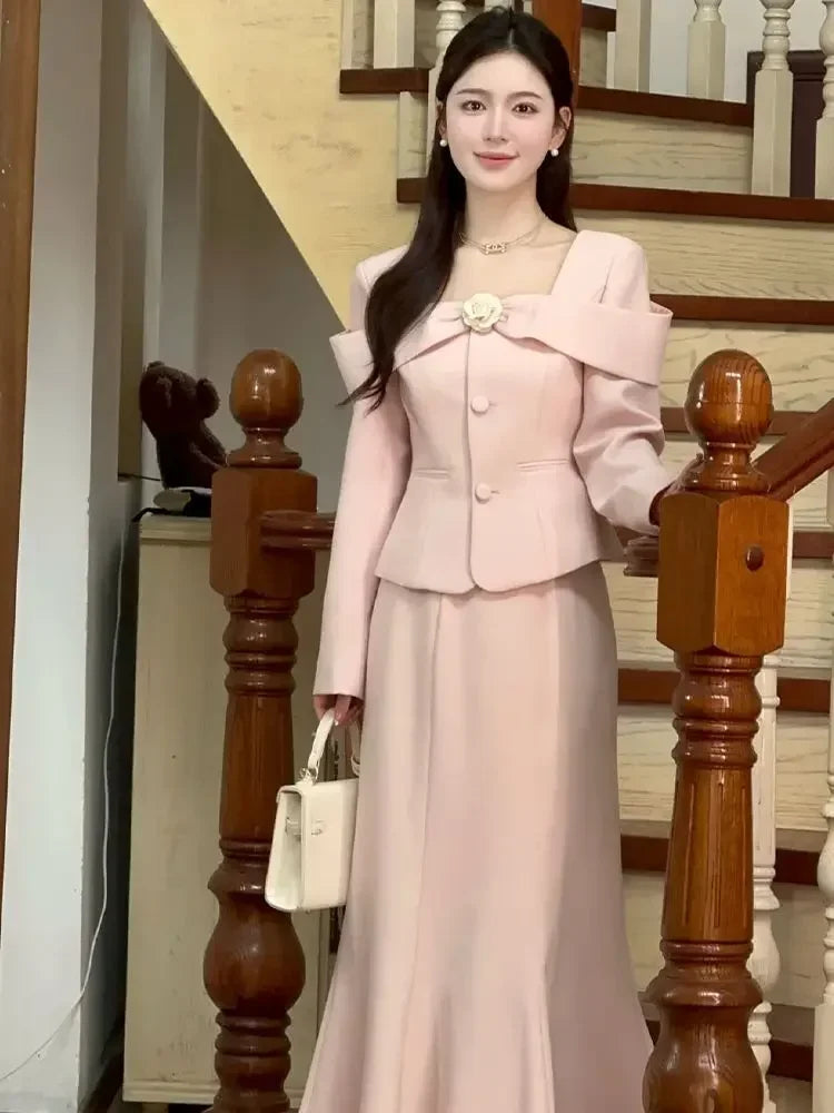 French Style Pink Tweed Two-Piece Set for Women