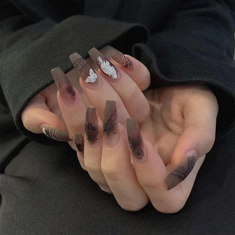 ✨ 24pcs Gold French Border Press-On Nails – Long Coffin Style with Rhinestones
