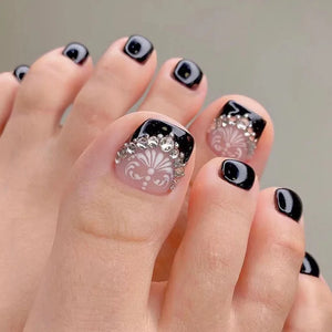 🦋 24pcs Butterfly Design Press-On Toe Nails – Short French Style with Rhinestones