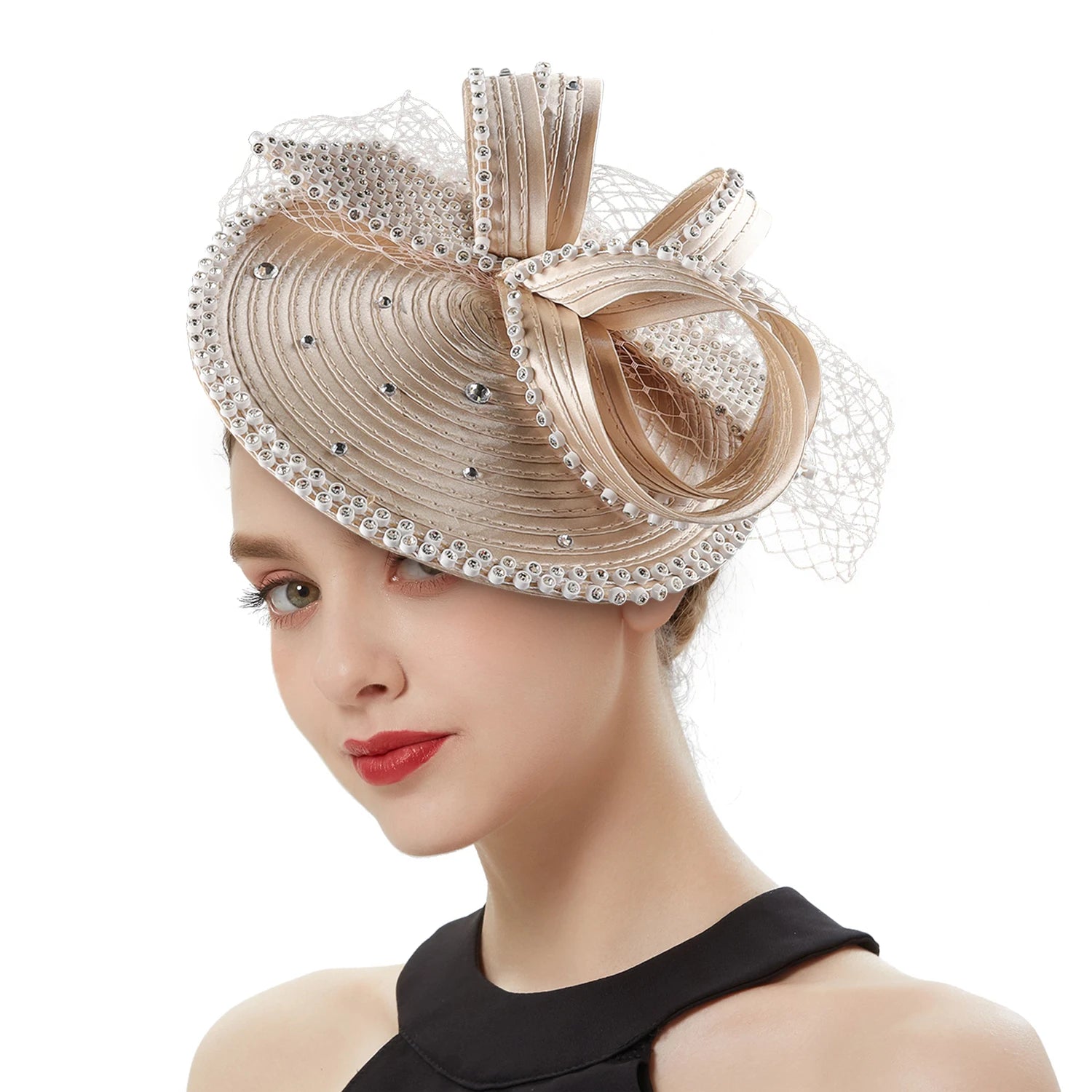 🎀 Perfect Satin Fascinator – Multicolor Fancy Hair Accessory with Veil & Rhinestones