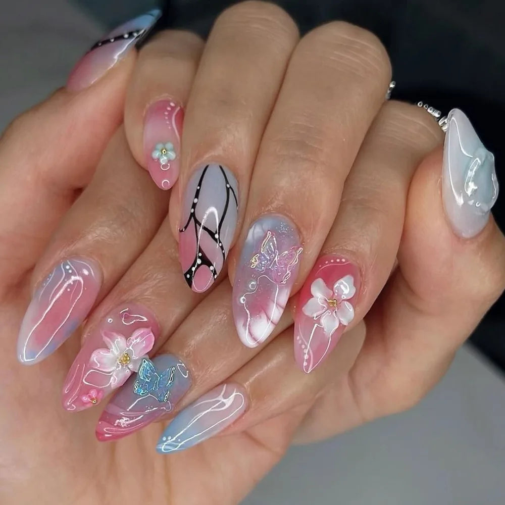 🌊 24pcs Cute Ocean Creature Press-On Nails – Yellow French Tip with Floral Fun