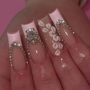 💖 24pcs Rhinestone Pink French Press-On Nails – Long Ballet Square Style