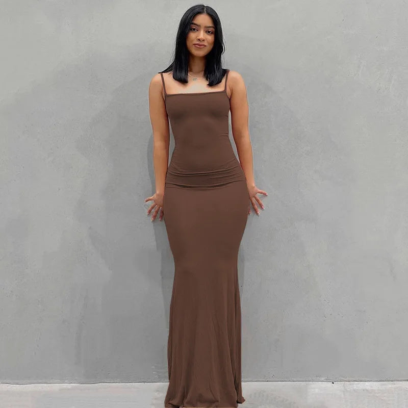 🖤 2024 Y2K Black Spaghetti‑Strap Trumpet Maxi Dress