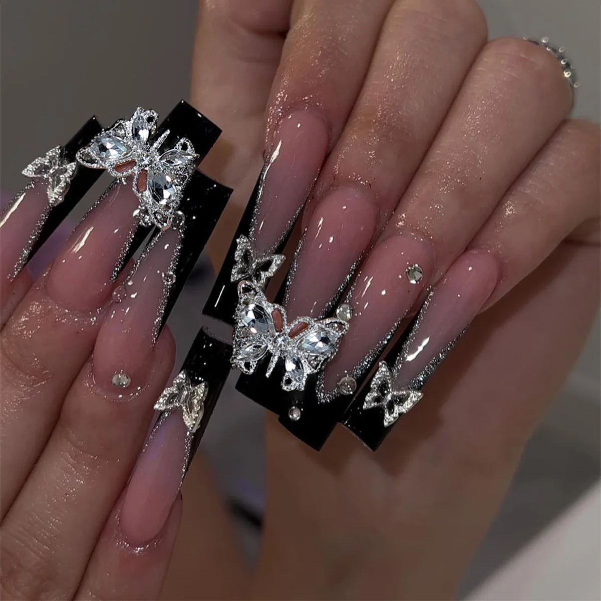 🐻 24pcs Extra Long Square Press-On Nails – 3D Bear & Bow with White French Tips