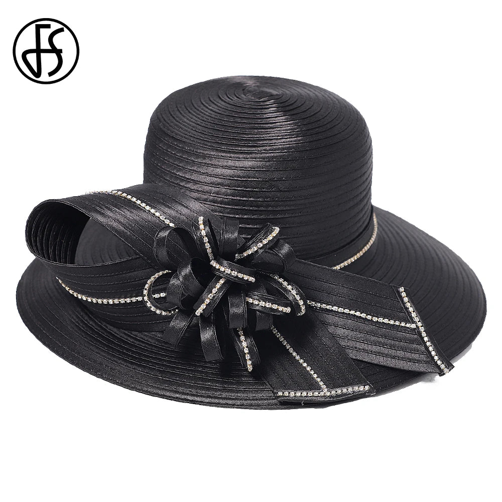 FS Elegant Black Hat Lady Formal Dress Fedora Church Cocktail Tea Party Derby Caps For Women Bow Flower Wide Brim Cloche Hats