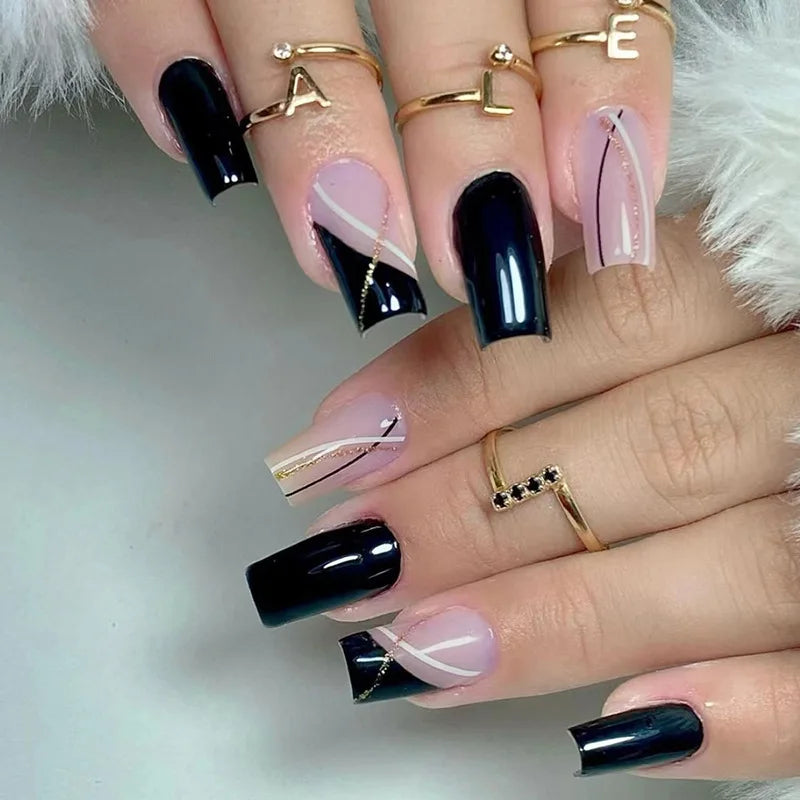 🖤 24pcs Short Almond Press-On Nails – Black Bowknot & White Pearl French Tips