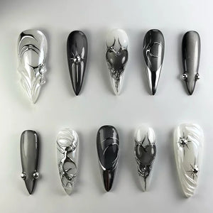 🍃 24pcs 3D Green Ripple Cat’s Eye Press-On Nails – French Almond Style with Leaf Design