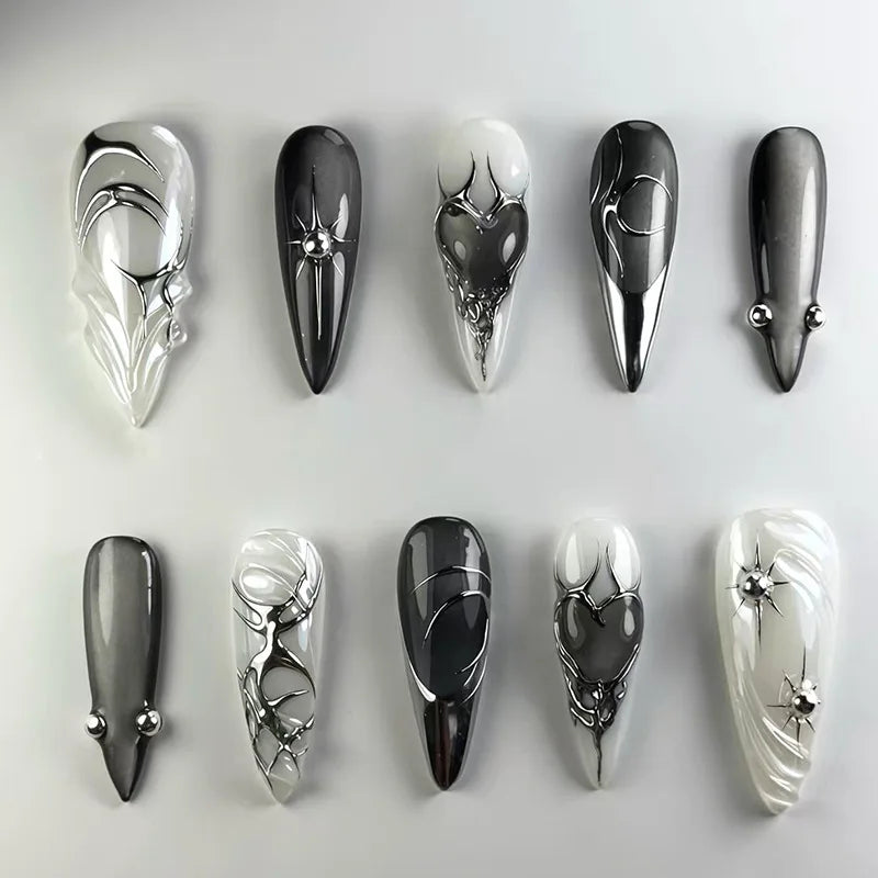 🍃 24pcs 3D Green Ripple Cat’s Eye Press-On Nails – French Almond Style with Leaf Design
