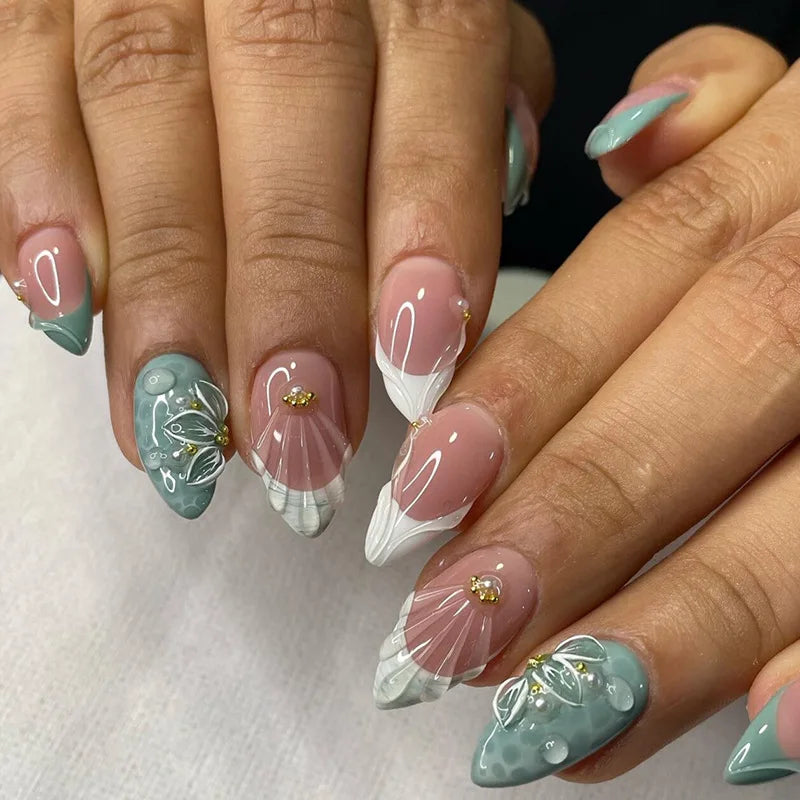 🌞 24PCS Summer Colorful Press-On Nails – Almond Shape with 3D Flowers & Beach Art