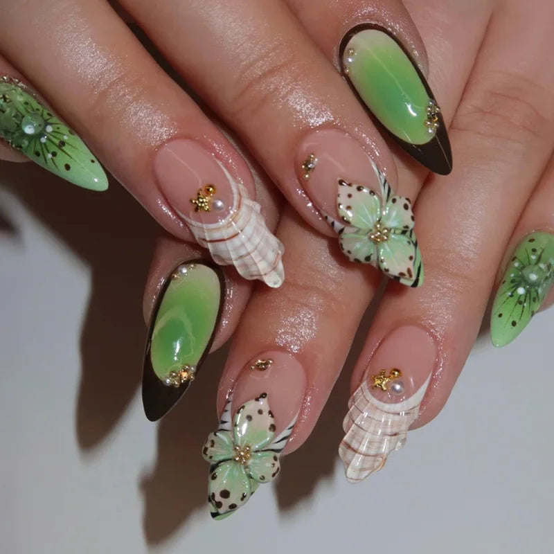 🌞 24PCS Summer Colorful Press-On Nails – Almond Shape with 3D Flowers & Beach Art